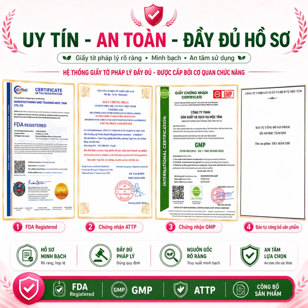 Bộ giấy tờ pháp lý của nhà máy sản xuất: FDA, ATTP, GMP, bản tự công bố
